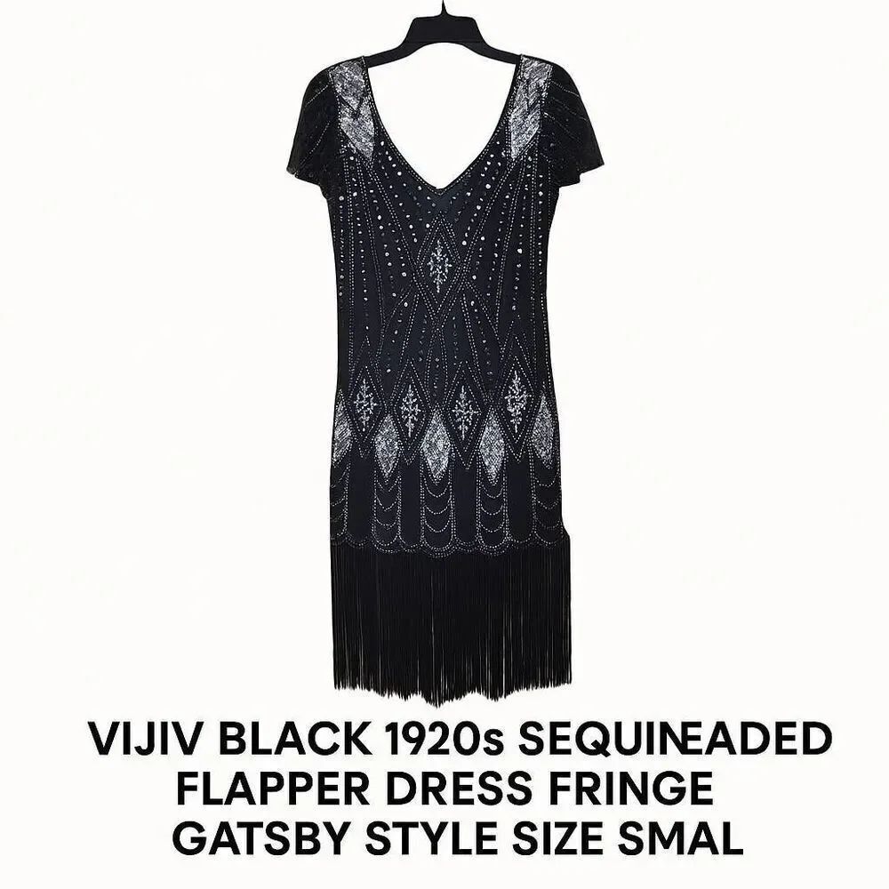 Vijiv Black 1920s Sequin Beaded Flapper Dress Fringe Gatsby Style Size Small